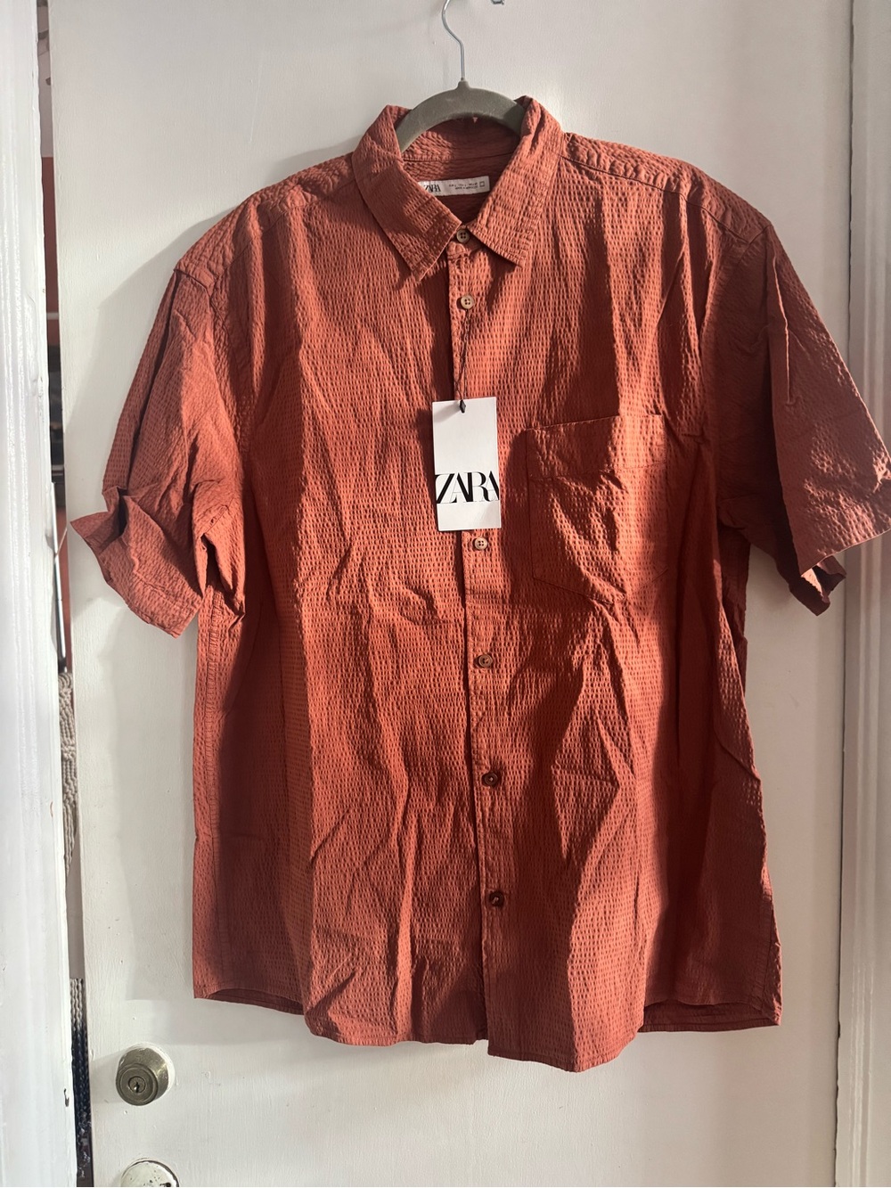 Zara Men’s Short-Sleeve Button-Down Shirt - Rust Orange